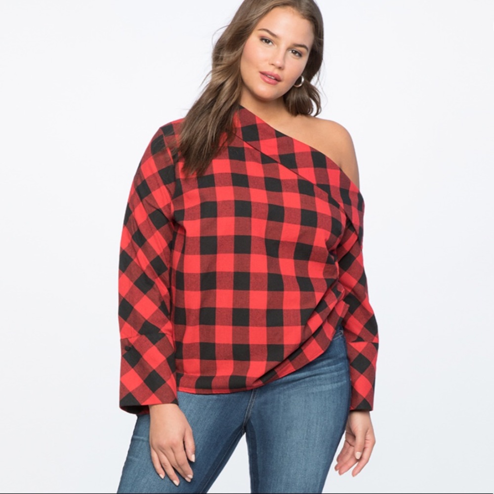 Off Shoulder Buffalo Plaid Top